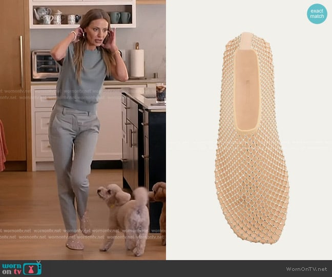 Christopher Esber Minette Crystal Net Slippers in Butter worn by Dorit Kemsley on The Real Housewives of Beverly Hills