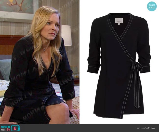 Cinq a Sept Chelsea Wrap Minidress in Black Ivory worn by Belle Brady (Martha Madison) on Days of our Lives