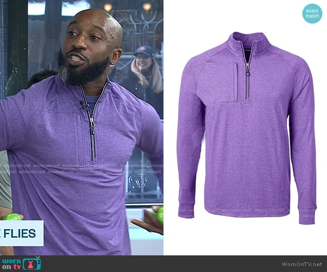 Cutter & Buck Adapt Eco Knit Quarter Zip Pullover in College Purple Heather worn by Teddy Savage on Today