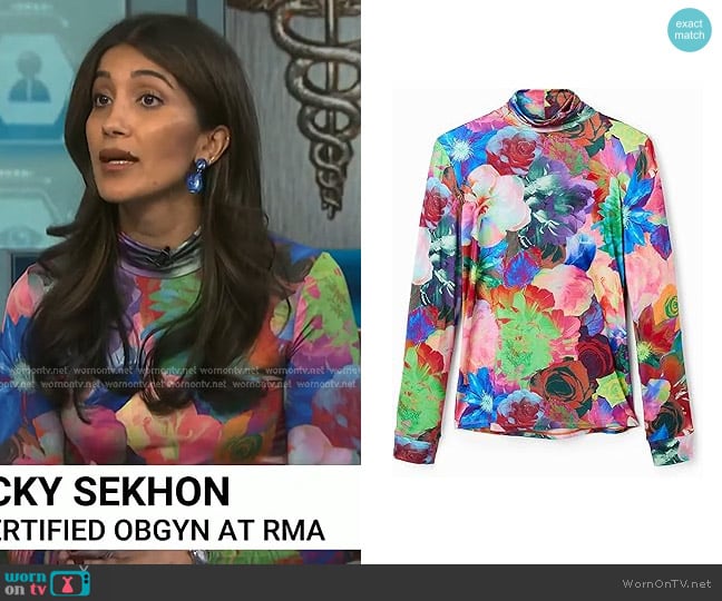 Desigual Floral Mesh Long Sleeve T Shirt worn by Dr. Lucky Sekhon on NBC News Daily