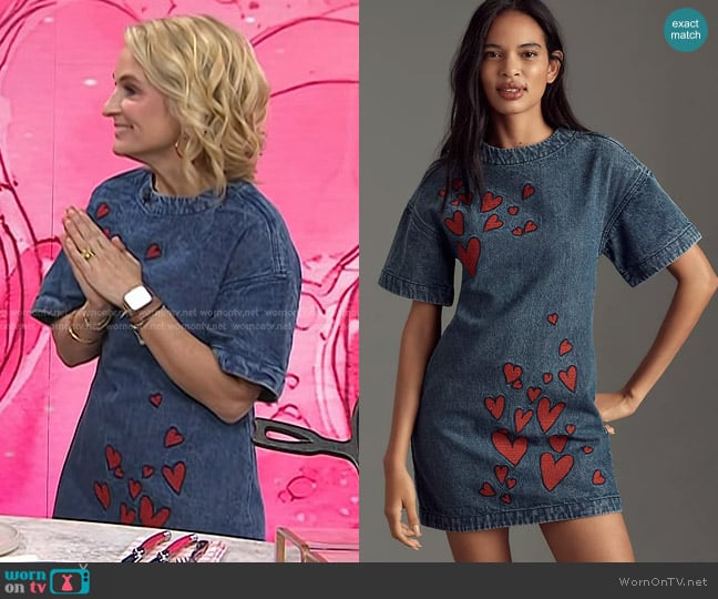 Dhruv Kapoor Short-Sleeve Embroidered Heart Denim Mini Dress worn by Meaghan Murphy on Today