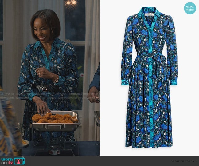 Diane von Furstenberg Alea floral-print crepe midi shirt dress worn by Helen Decatur (Heather Headley) on Sweet Magnolias