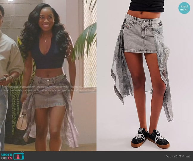 Amina’s draped denim skirt on All American