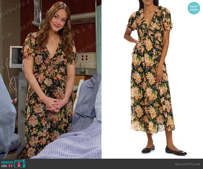 Doen Elisabeth Floral Ruffle Midi-Dress in Meadow Mirage worn by Stephanie Johnson (Abigail Klein) on Days of our Lives