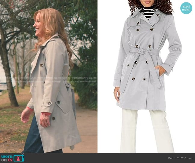 London Fog Double Breasted Trench Coat with Detachable Hood in Cloudy worn by Iris Maddox (Jodi Benson) on Sweet Magnolias