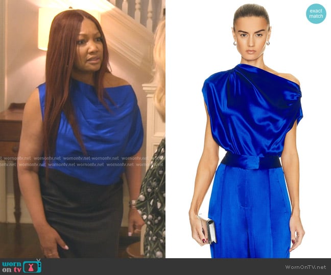 The Sei Draped Top in Sapphire worn by Garcelle Beauvais on The Real Housewives of Beverly Hills