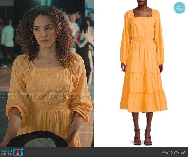 Ella Rafaella Checked Squareneck Midi Dress worn by Carmen Diaz (Vanessa Rubio) on Cobra Kai