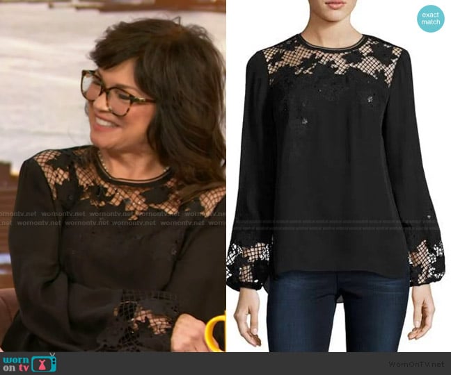 Elie Tahari Kimberly Silk Blouse worn by Valerie Bertinelli on The Drew Barrymore Show