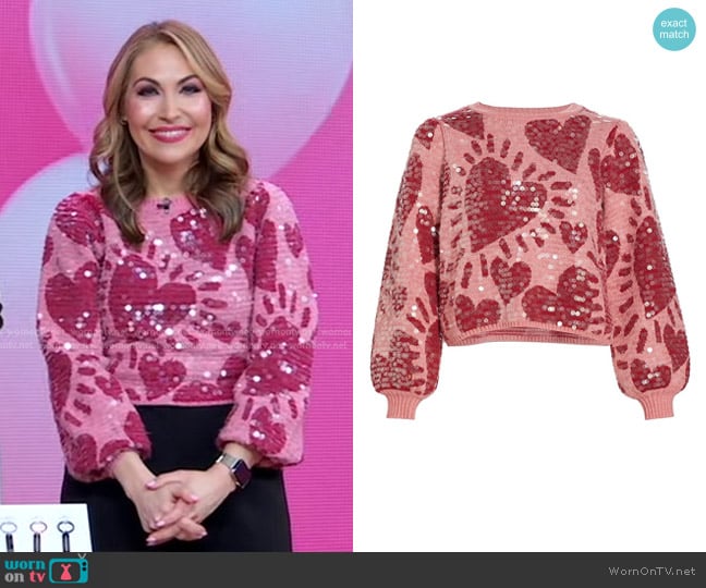 Farm Rio Hearts Sequined Sweater worn by Lori Bergamotto on Good Morning America