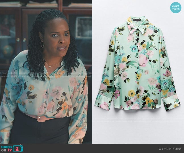 Zara Floral Print Satin Shirt worn by Peggy Martin (Brittany L. Smith) on Sweet Magnolias