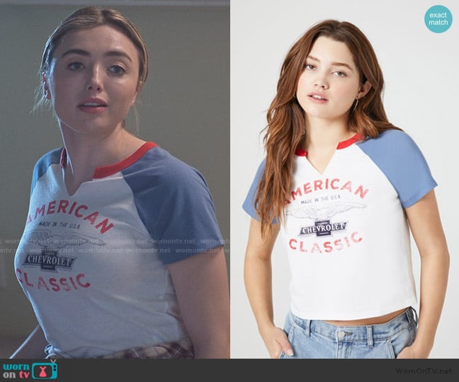 Forever 21 Chevrolet Raglan Cropped Tee worn by Tory Nichols (Peyton List) on Cobra Kai