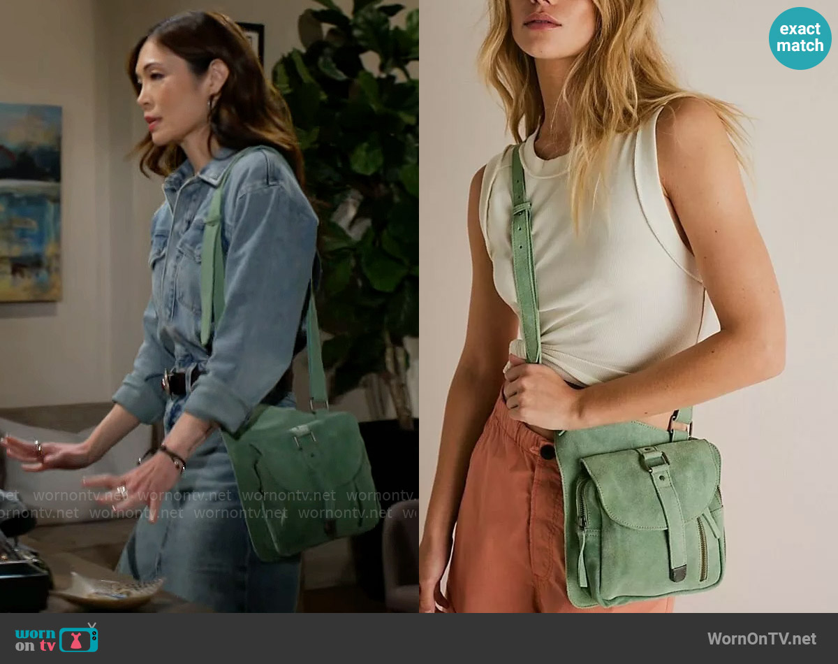 Free People Cornell Suede Sling Bag worn by Penelope Poppy Nozawa (Romy Park) on The Bold and the Beautiful