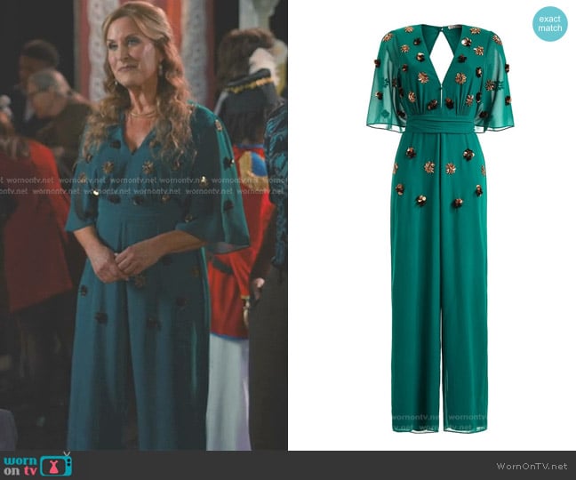 Hope and Ivy The Raisa Embellished Jumpsuit in emerald worn by  Iris Maddox (Jodi Benson) on Sweet Magnolias