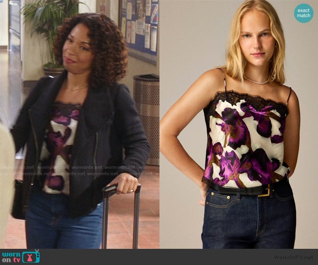 J. Crew Lace-trim camisole top in iris floral worn by Ava Jeremy (Angel Parker) on All American