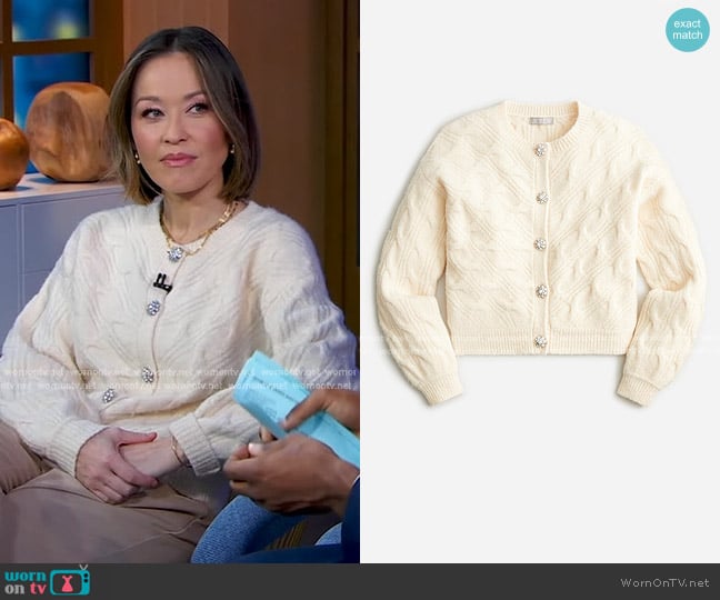 J. Crew Cable-knit Cardigan Sweater With Jewel Buttons worn by Eva Pilgrim on Good Morning America