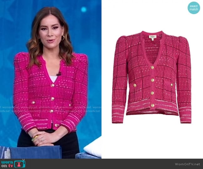 L'Agence Jenni Cardigan in Pink Multi worn by Rebecca Jarvis on Good Morning America