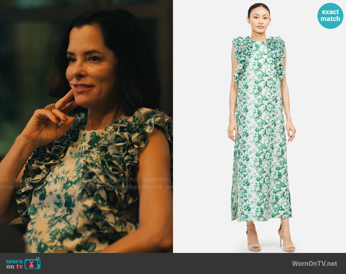 Jim Thompson Roses Silk Habotai Ruffle Sleeveless Maxi Dress worn by Victoria Ratliff (Parker Posey) on The White Lotus