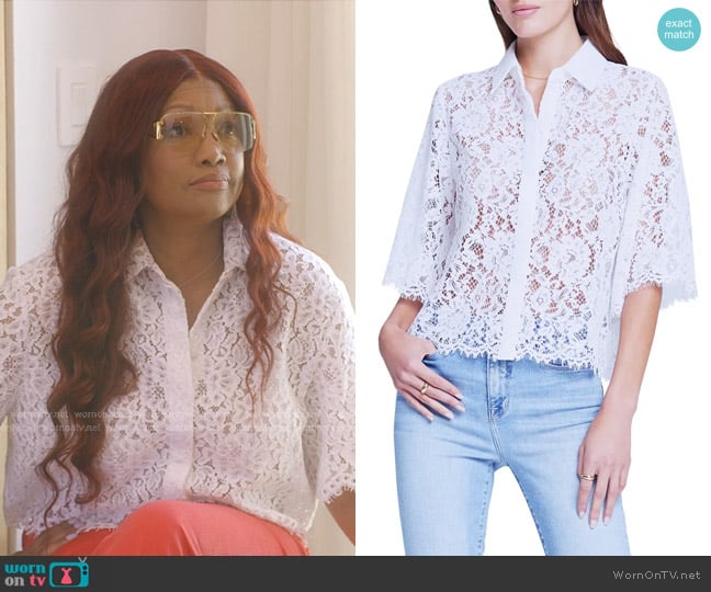 L'Agence Fern Lace Button-front Blouse in White worn by Garcelle Beauvais on The Real Housewives of Beverly Hills