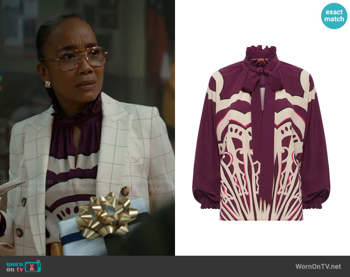 La DoubleJ Cerere geometric-print silk blouse worn by Amanda Wagner (Sonja Sohn) on Will Trent