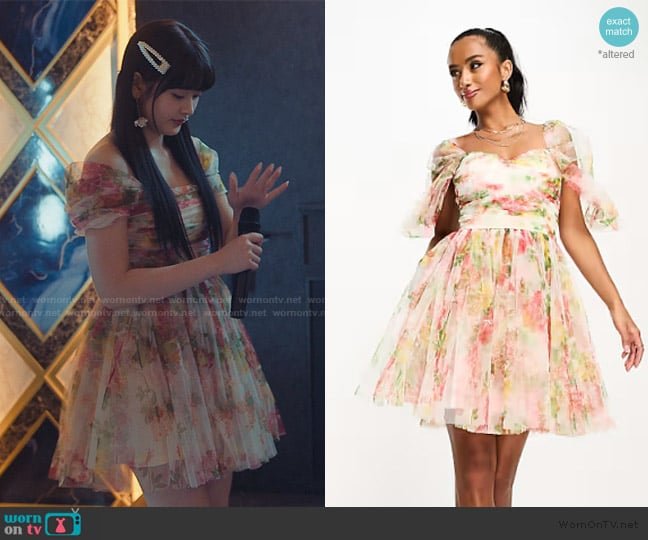 ASOS Lace & Beads wrapped tulle mini dress in bright floral worn by Eunice Kang (Han-bi Ryu) on XO Kitty