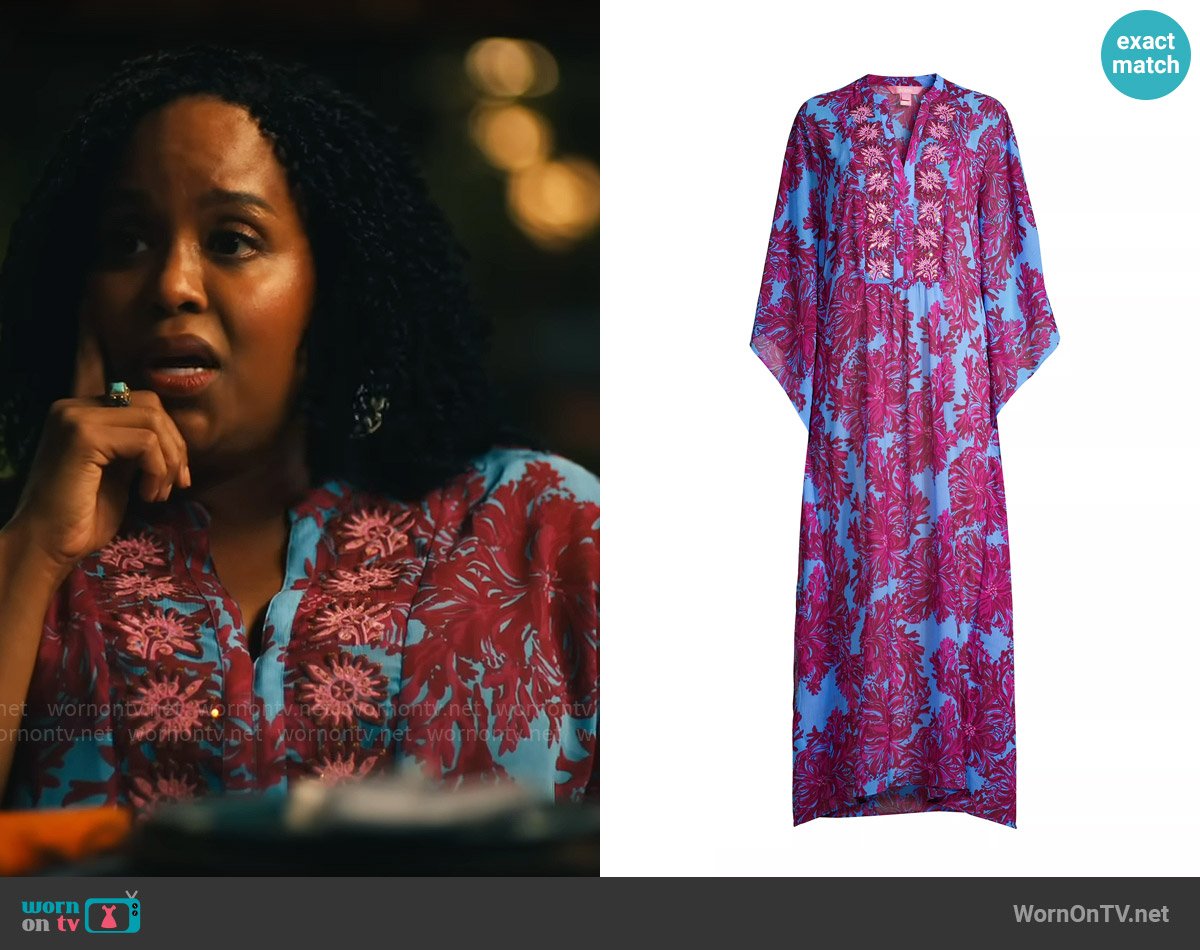 Lilly Pulitzer Julieta Floral Maxi Caftan in Abaco Blue worn by Belinda Lindsey (Natasha Rothwell) on The White Lotus