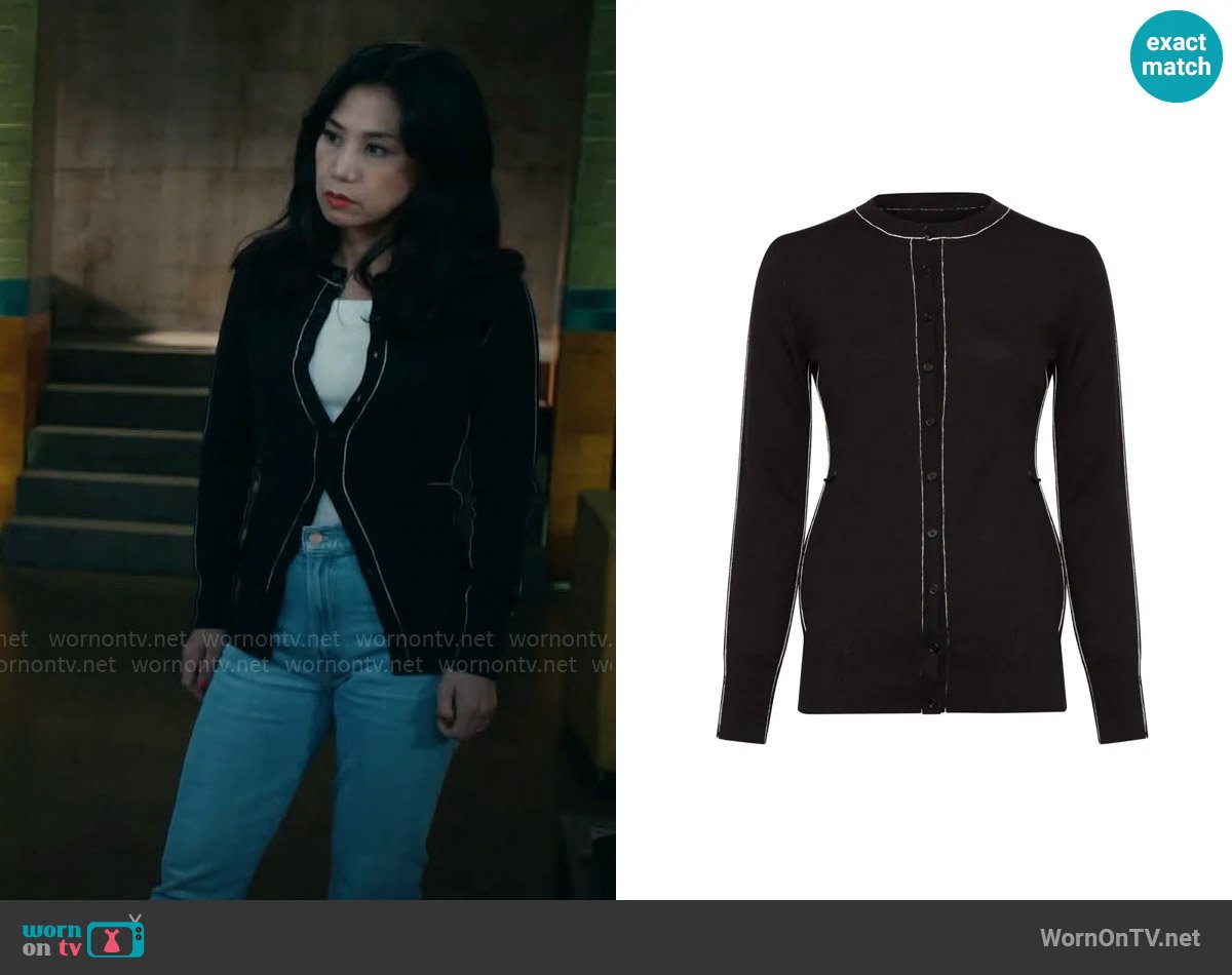 MM6 Maison Margiela Wool-Blend Exposed-Seam Crewneck Cardigan worn by Melody Bayani (Liza Lapira) on The Equalizer