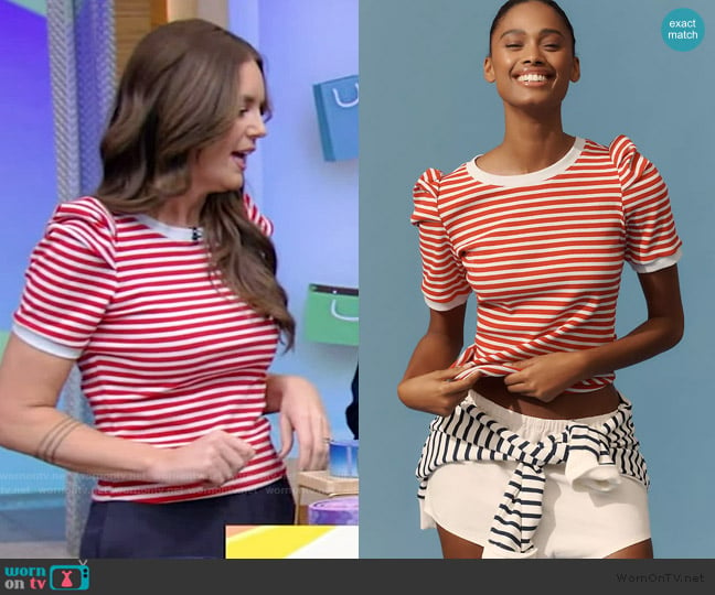 Monica Mangin’s red striped puff sleeve tee on Live with Kelly