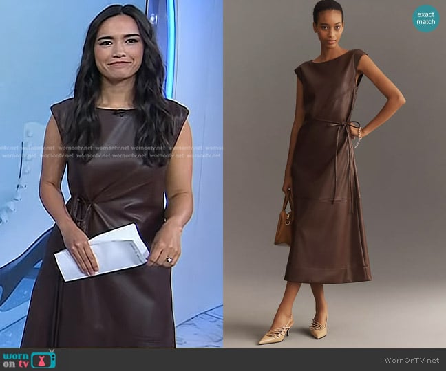 Maeve Sleeveless Faux-Leather Wrap Midi Dress worn by Emilie Ikeda on Today