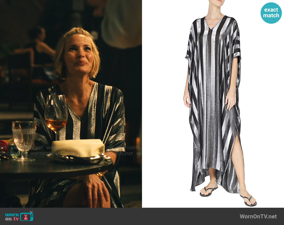 Marie France Van Damme Metallic Stripe Boubou Caftan worn by Kate (Leslie Bibb) on The White Lotus