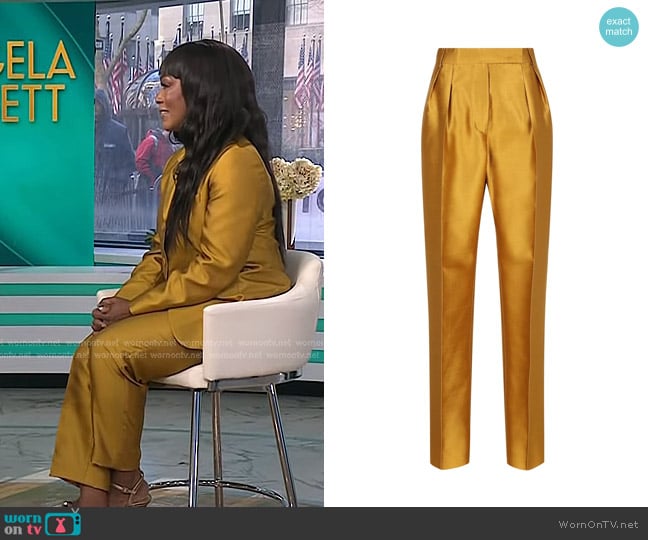 Max Mara Adige Pleat Detailed Satin Trousers in amber worn by Angela Bassett on Today