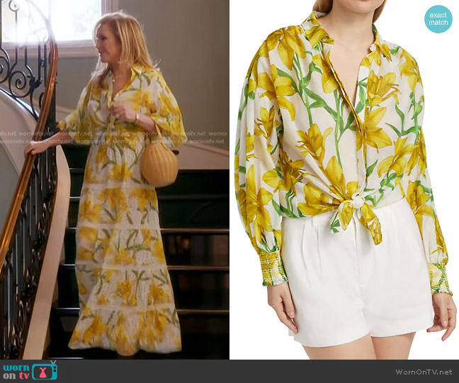 Alice + Olivia Maylin Floral Cotton-Silk Blouse in Stargazer Multi worn by Kathy Hilton on The Real Housewives of Beverly Hills