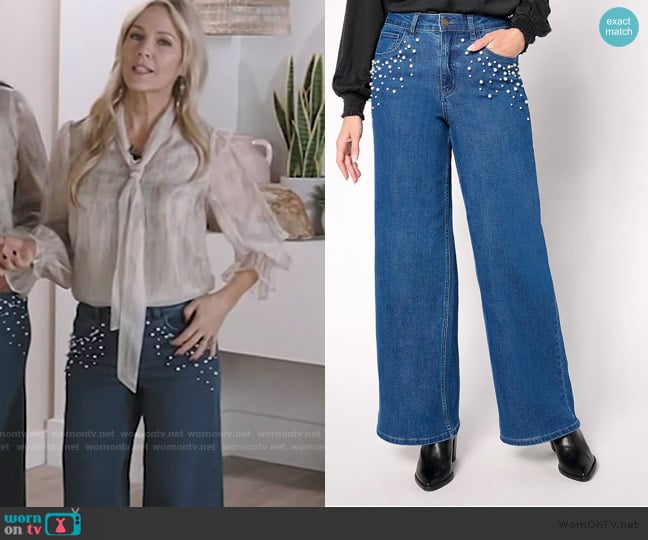 Me by Jennie Garth Indigo Pet Wide Leg Jean with Pearl Detail worn by Jennie Garth on Access Hollywood