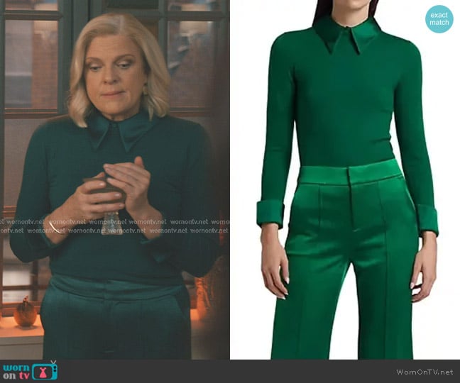 Alice + Olivia Porla Collared Sweater in Forest Green worn by Detective Donnelly (Molly Price) on Elsbeth