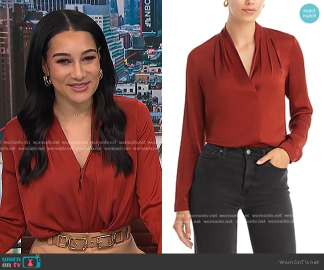 Kobi Halperin Nellie Silk-blend Pleated Blouse in Maple worn by Morgan Radford on NBC News Daily