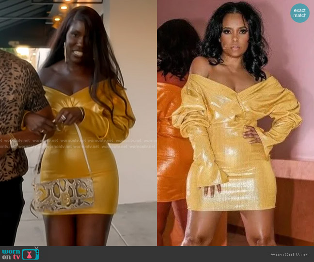 Nichole Lynel  Metallic Off the Shoulder Long Sleeve Minidress worn by Bozoma Saint John on The Real Housewives of Beverly Hills