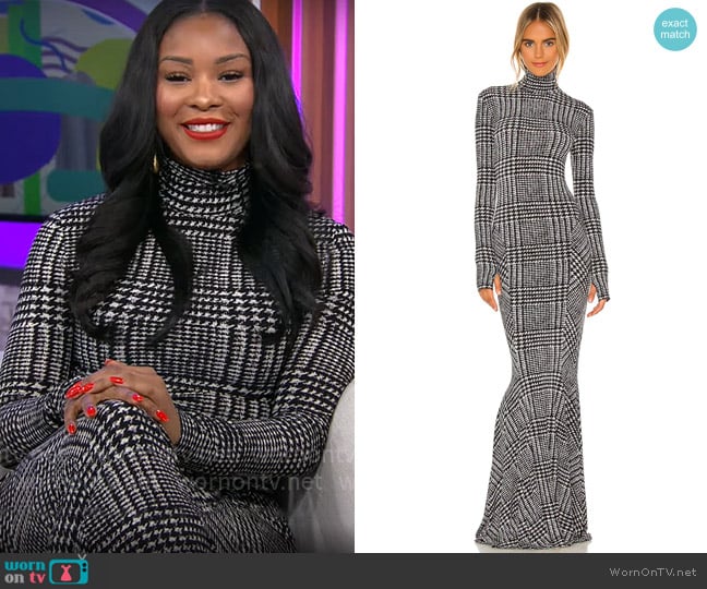 Norma Kamali Long Sleeve Turtle Fishtail Gown in Large Glenn Plaid worn by Christina Funke Tegbe on CBS Mornings