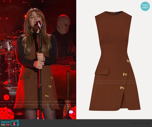 Oscar de la Renta Bow Button Split Skirt Dress worn by Kelly Clarkson on The Kelly Clarkson Show