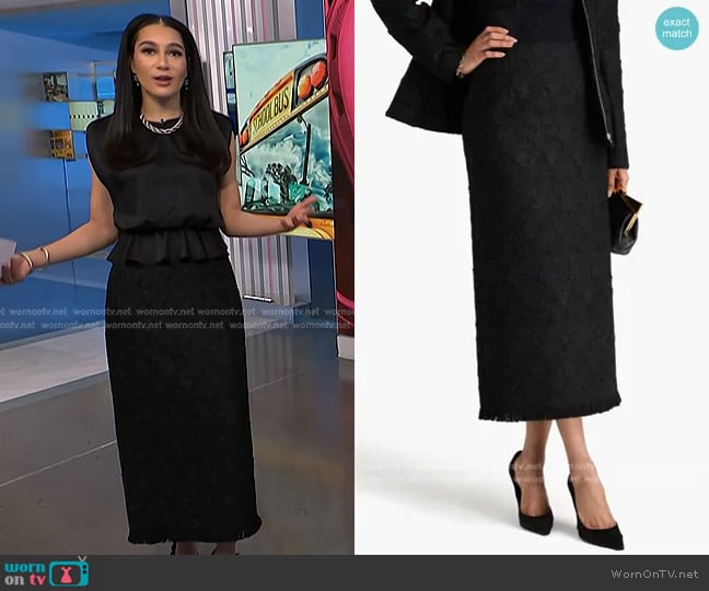 Oscar de la Renta Guipure Lace Tweed Maxi Pencil Skirt in Black worn by Morgan Radford on NBC News Daily