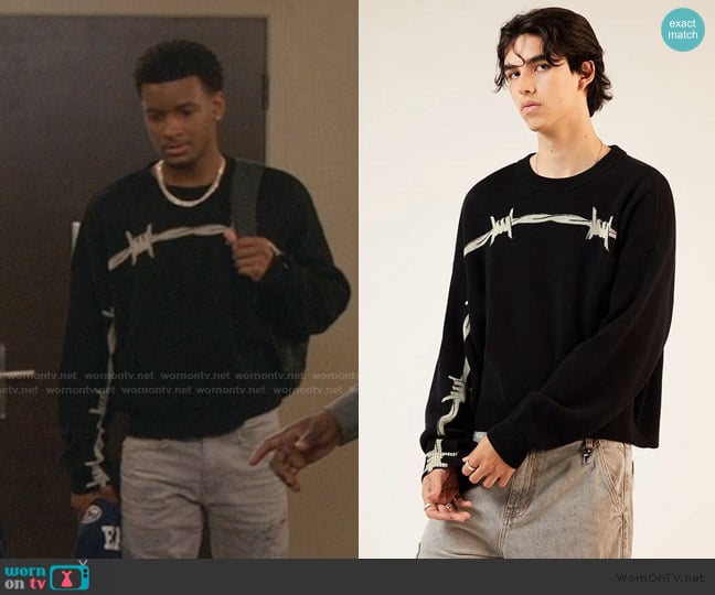 KJ’s black barbwire print sweater on All American