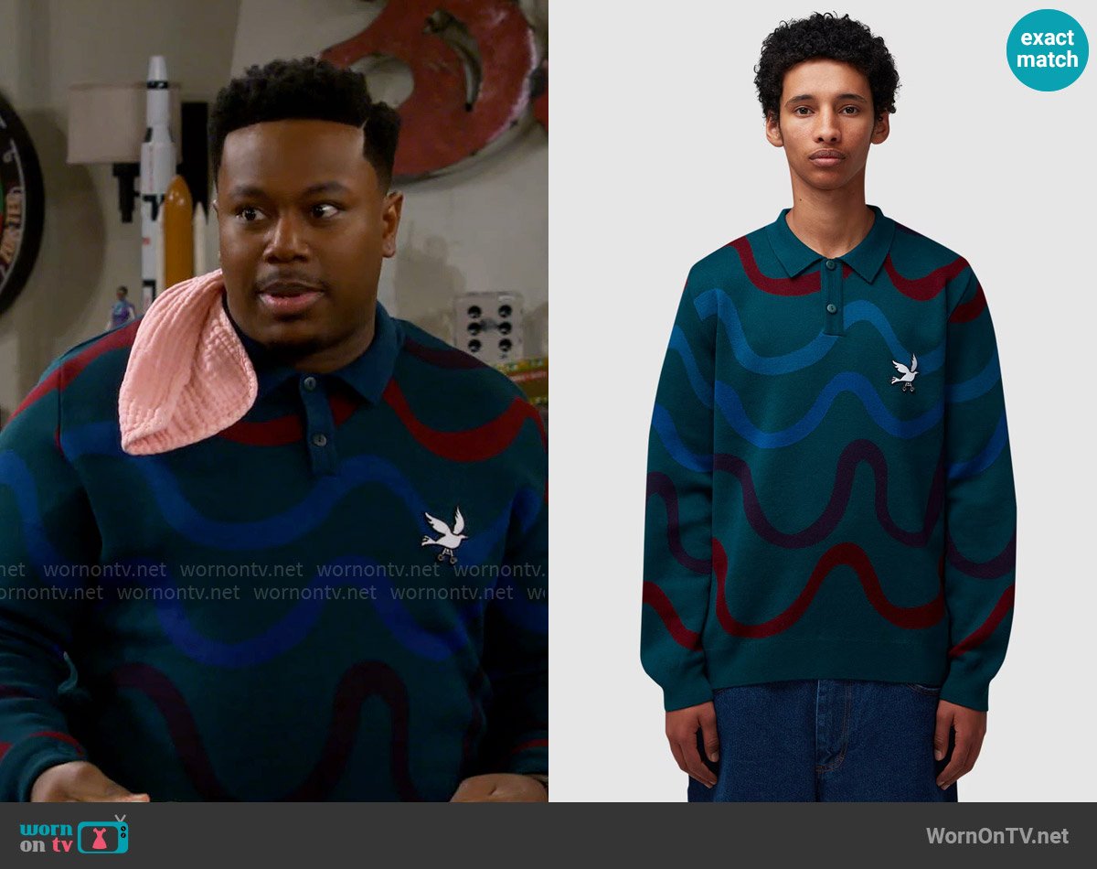 Parra Soundwave knitted polo pullover worn by Marty (Marcel Spears) on The Neighborhood