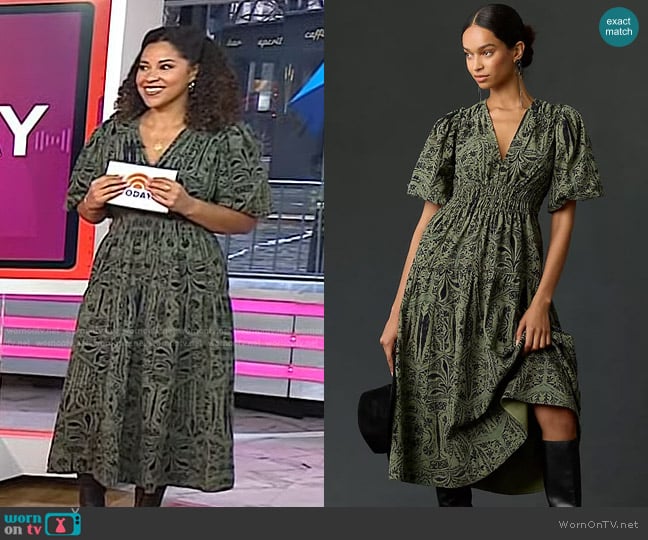 Pilcro Corduroy Ruched Printed Midi Dress worn by Arianna Davis on Today