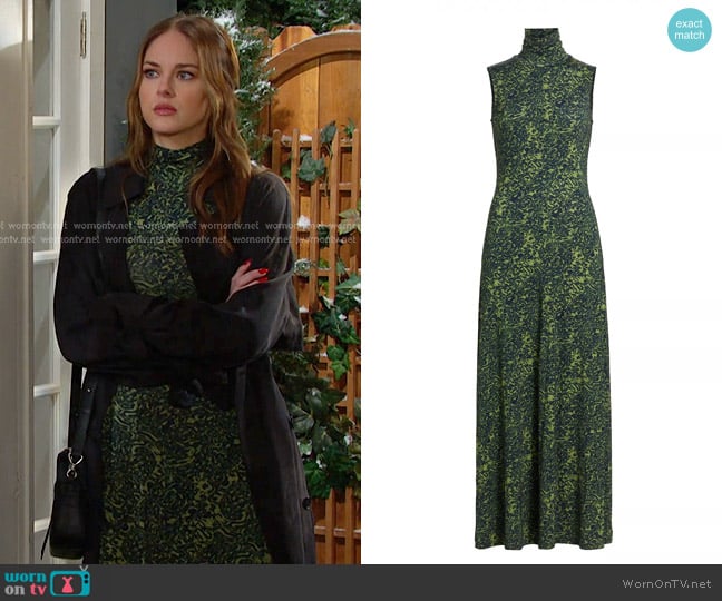 Proenza Schouler White Label Jamie Abstract Dress in ark Navy Olive worn by Stephanie Johnson (Abigail Klein) on Days of our Lives