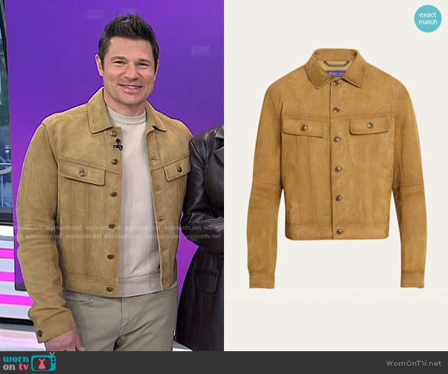 Ralph Lauren Purple Label Clifton Suede Trucker Jacket worn by Nick Lachey on Today