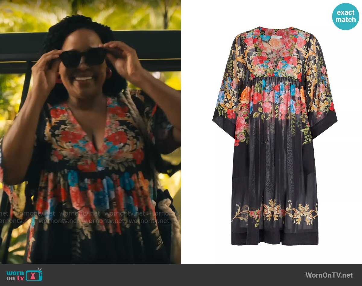 Johnny Was Royal Floral Cotton & Silk Coverup in Abaco Blue worn by Belinda Lindsey (Natasha Rothwell) on The White Lotus