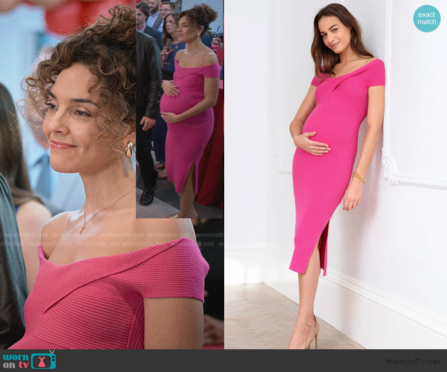 Seraphine Maternity Off The Shoulder Knitted Maternity Dress worn by Carmen (Vanessa Rubio) on Cobra Kai