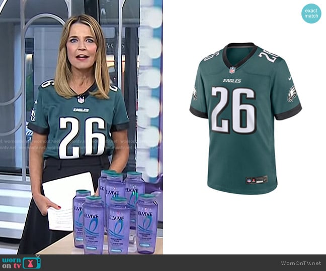 Philadelphia Eagles x Nike Saquon Barkley Game Player Jersey in Midnight Green worn by Savannah Guthrie on Today