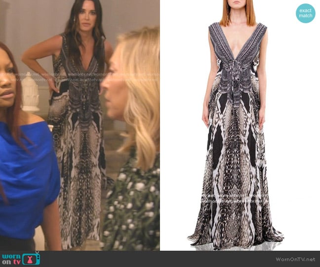 Shahida Snakeskin Long Black Silk Dress worn by Kyle Richards on The Real Housewives of Beverly Hills