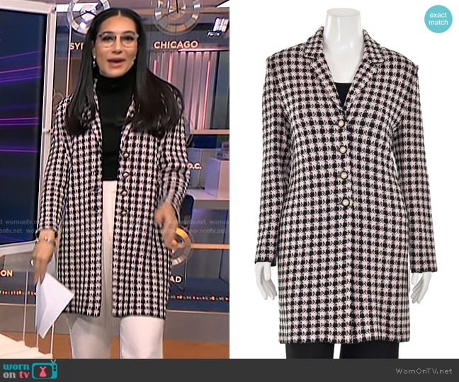 St. John Collection Long Jacket in Light Pink/Black Plaid worn by Morgan Radford on NBC News Daily