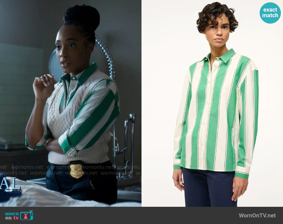 Staud Kelly Shirt in Bungalow Stripe worn by Faith Mitchell (Iantha Richardson) on Will Trent