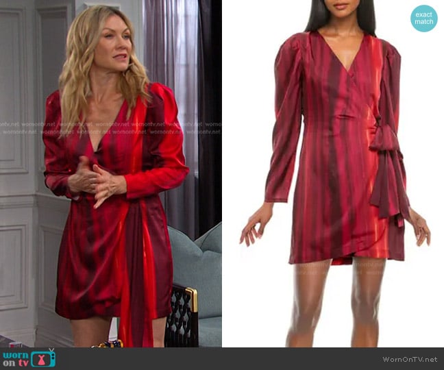 Socialite Stripe Long Sleeve Satin Wrap Dress worn by Kristen DiMera (Stacy Haiduk) on Days of our Lives